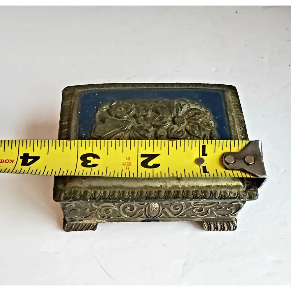 Silver Toned Footed Trinket Box Occupied Japan Blue Top Embossed Rose Vintage